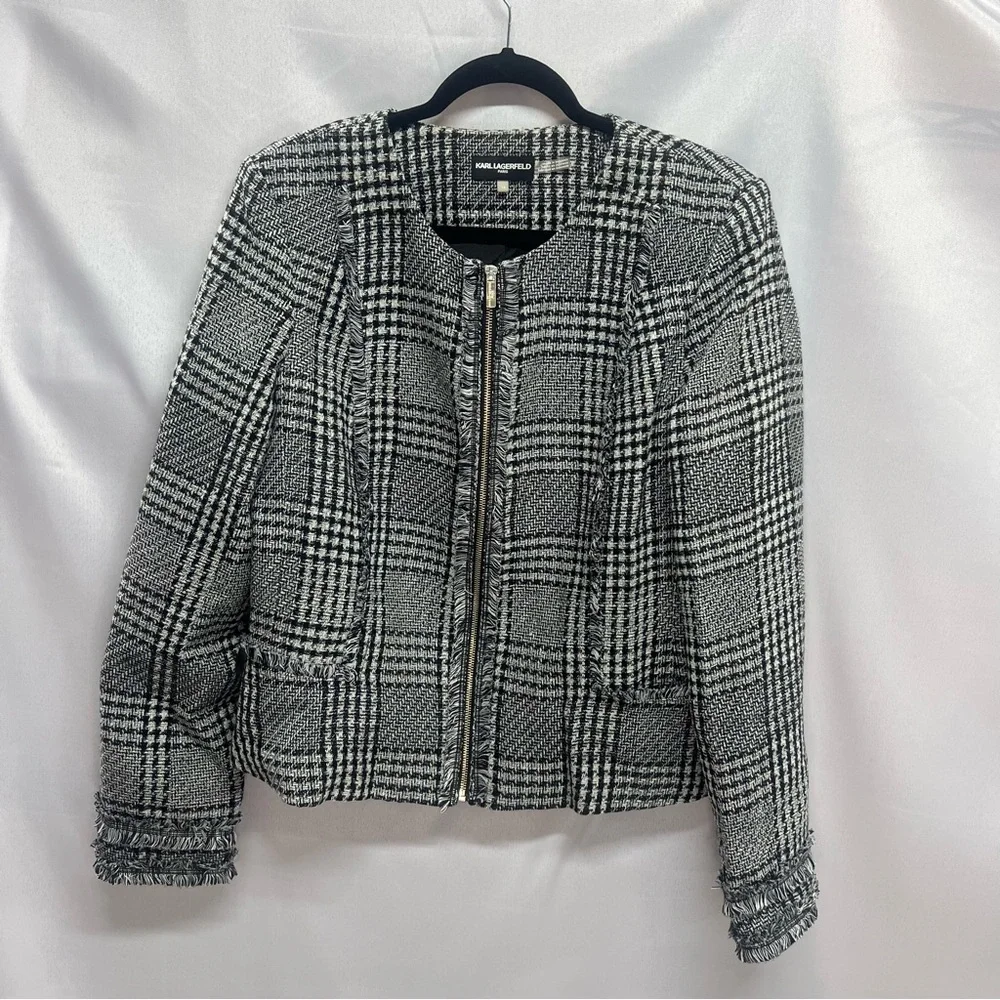 Karl Lagerfeld Black and White Plaid Blazer Jacket Paris Tweed Peplum Fringe - Picture 7 of 7
